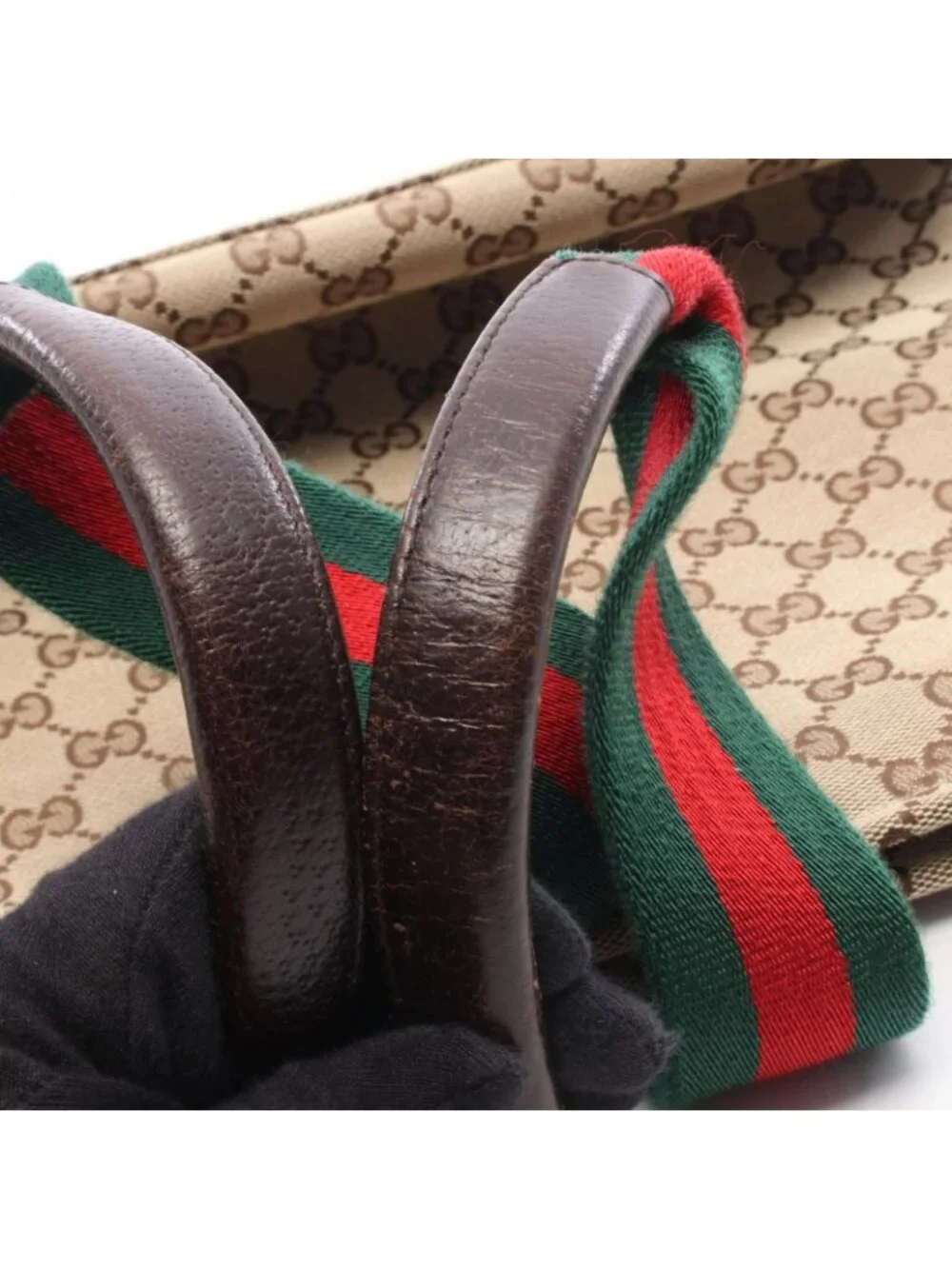 Gucci Tote Bag Webbing Line Beige Brown Green Canvas Leather Sherry